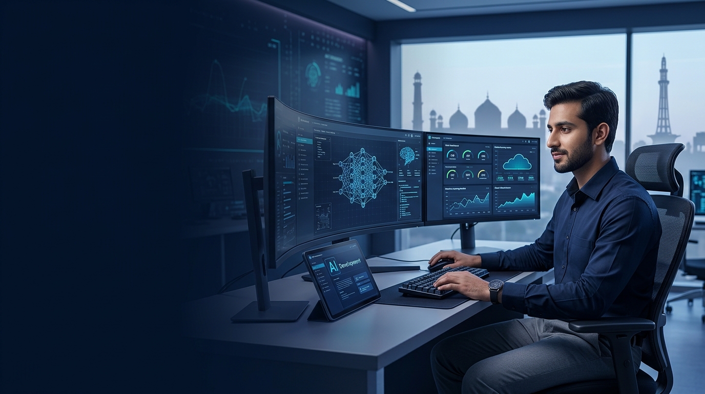 Pakistani male technology professional working with AI systems in a modern technology workspace