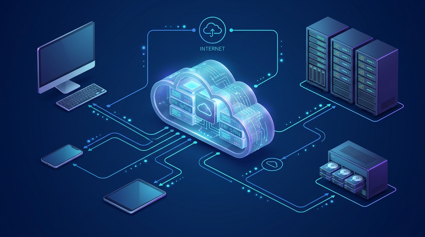 Cloud computing architecture illustrating connected infrastructure and cloud resources