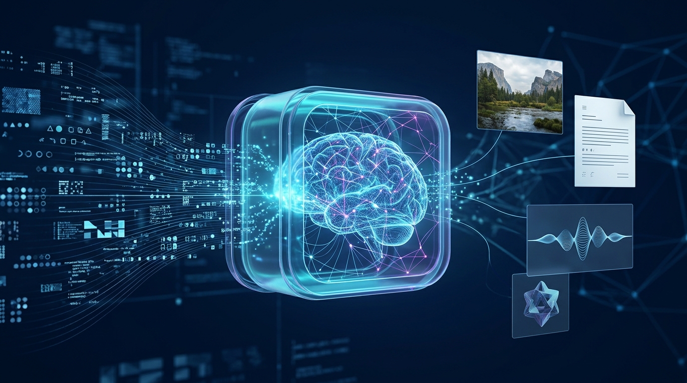 Illustration of generative AI transforming digital patterns into new content